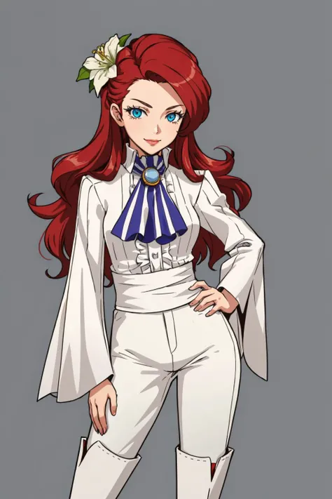 masterpiece, 1girl, looking at viewer, smirk, hand on hip, <lora:zs_NagiPQ2:1> nagipq2, very long hair, red hair, blue eyes, hair flower, shirt, ascot, long sleeves, puffy sleeves, pants, knee boots, mature female, simple background