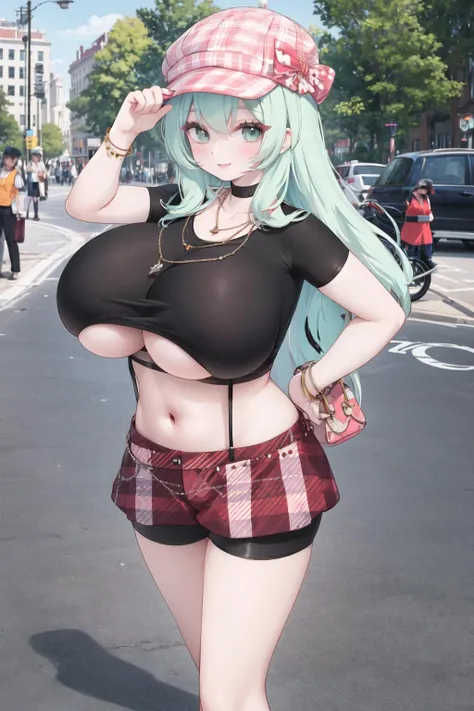 <lora:cabbiehat-10:0.6>, smile, lips, cabbie hat, looking at viewer, gigantic breasts, necklace, store, crop top, (plaid headwear), bike shorts,