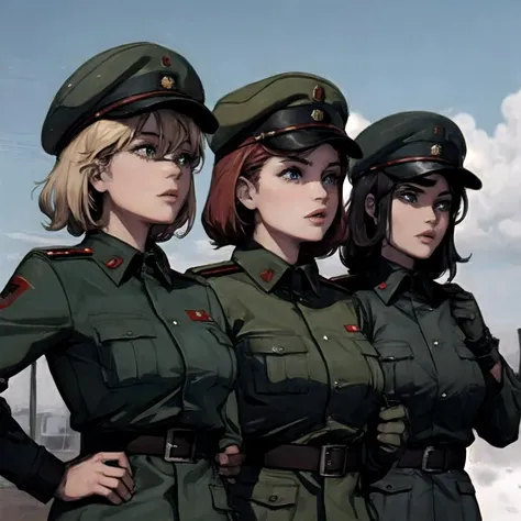 multiple Soviet soldier women military hat soviet flag open clothes, 3girls, <lora:womsssr:0.8>