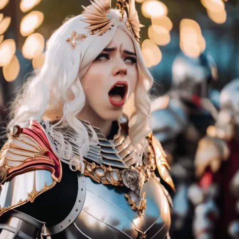 gorgeous egirl with (moaning face:0.9) wearing metal souls inspired armor with golden edging, she has white to red hair, high quality photography, portrait, nikon, bokeh, cinematic lighting, close up