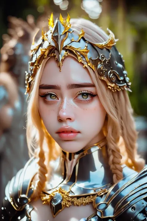 gorgeous egirl with (ahegao:1.1) face wearing metal armor with golden edging, high quality photography, portrait, nikon, bokeh, cinematic lighting