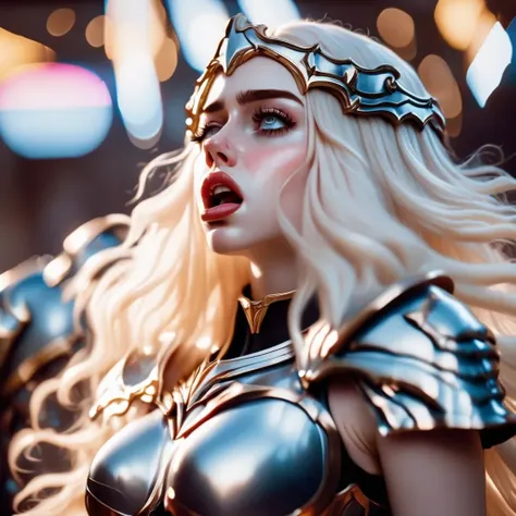 gorgeous egirl with (ahegao moaning face:1.3) wearing metal souls inspired armor with golden edging, she has (white to red:1.2) hair and (thick lips:0.7), high quality photography, portrait, nikon, bokeh, cinematic lighting, hyper realistic