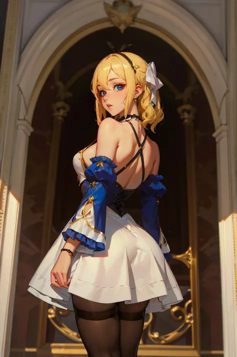 <lora:shirogane-sama:1> shirosama, blue eyes, blonde hair,, absurdres, ultra detailed, masterpiece, best quality, aesthetic, detailed,, hair ribbon, frilled choker, criss-cross halter, sleeveless dress, high-waist skirt, backless dress, waist bow, detached sleeves, frilled sleeves, wide sleeves, pantyhose, patterned legwear, mary janes,