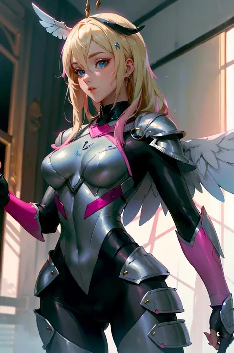 <lora:shirogane-sama:1> shirosama, blue eyes, blonde hair,, absurdres, ultra detailed, masterpiece, best quality, aesthetic, detailed,, valkyrie, (bodysuit:1.1), pink wing hair ornament, grey armored skirt, black bodysuit, armor, gauntlets, pink breastplate, greaves, armored dress, pink hues,