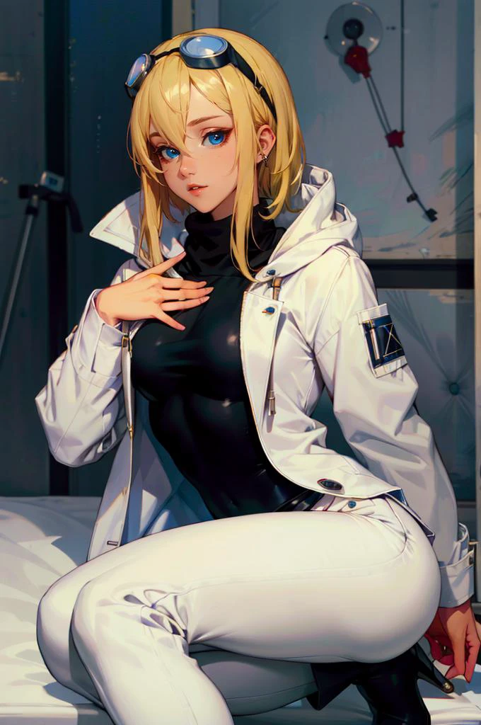 <lora:shirogane-sama:1> shirosama, blue eyes, blonde hair, goggles on head,, absurdres, ultra detailed, masterpiece, best quality, aesthetic, detailed,, headband, white coat, hooded coat, hood down, open coat, turtleneck, capri pants, pants, black knee boots,