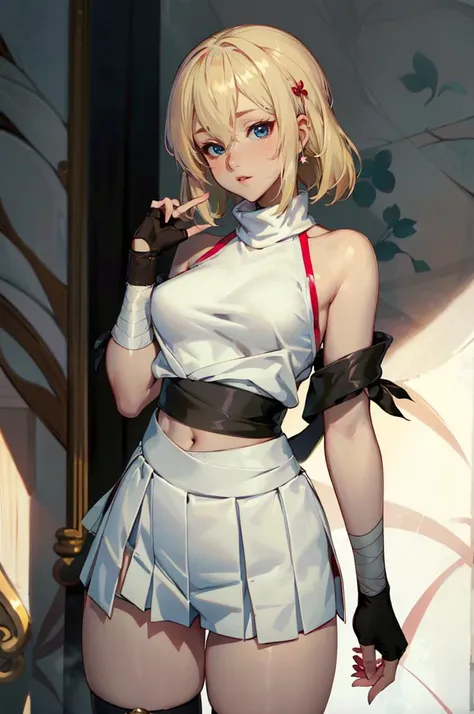 <lora:shirogane-sama:1> shirosama, blue eyes, blonde hair,, absurdres, ultra detailed, masterpiece, best quality, aesthetic, detailed,, fingerless gloves, shimenawa hair tie, sleeveless turtleneck, crop top, groin, (shimenawa:1.3), (shimenawa sash:1.3), (overskirt:1.2), shorts, flats, bandages, bandaged arm, bare legs, navel,