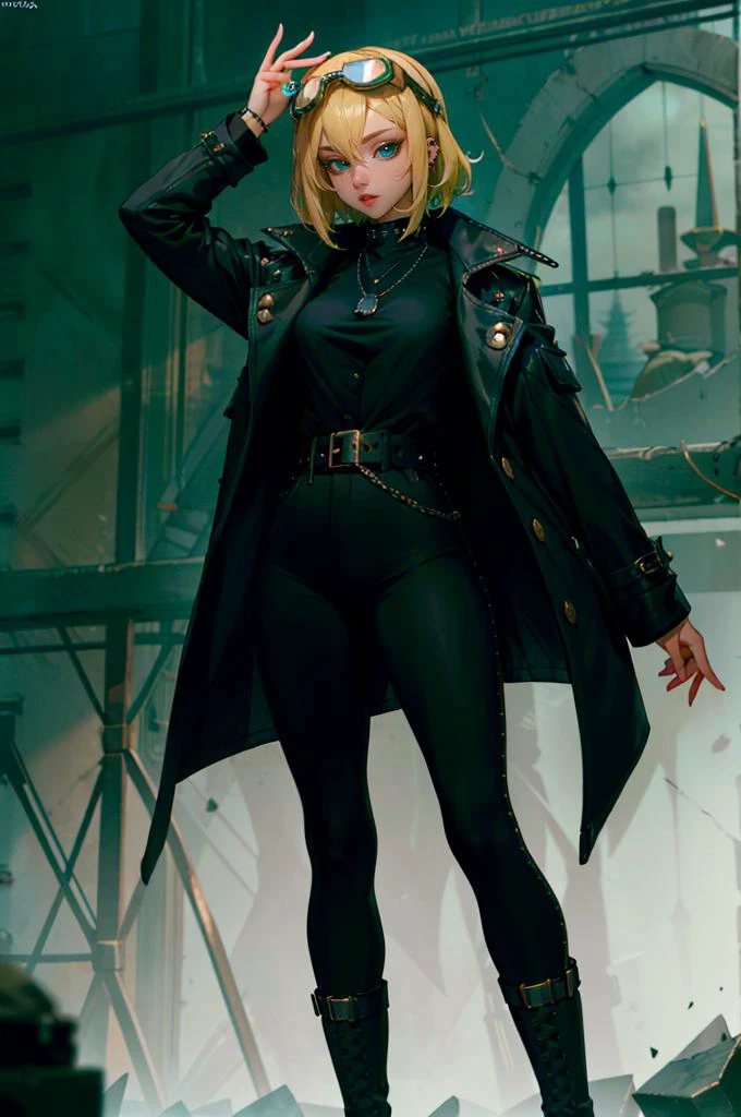 <lora:shirogane-sama:1> shirosama, blue eyes, blonde hair, goggles on head,, absurdres, ultra detailed, masterpiece, best quality, aesthetic, detailed,, coat, shirt, pants, studded belt, multiple belts, combat boots, torn clothes, necklace, black coat, black and green theme,