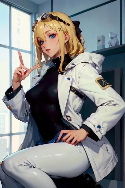 <lora:shirogane-sama:1> shirosama, blue eyes, blonde hair, goggles on head,, absurdres, ultra detailed, masterpiece, best quality, aesthetic, detailed,, hooded coat, open coat, turtleneck, pants, black knee boots, multiple straps, white coat, layered clothes, hair ribbon, pants under skirt,