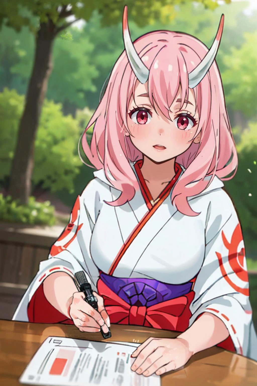 photorealistic, (4k), depth of field, (Masterpiece), (realistic skin texture), extremely detailed, intricate, hyper detailed, professional photography, bokeh, high resolution, sharp detail, best quality, girl, <lora:Shuna:0.7> , red and white kimono, long hair, pink hair, pink eyes, (horns), relaxing, RAW photo, (high detailed skin:1.2), 8k uhd, dslr, soft lighting, high quality, film grain, Fujifilm XT3