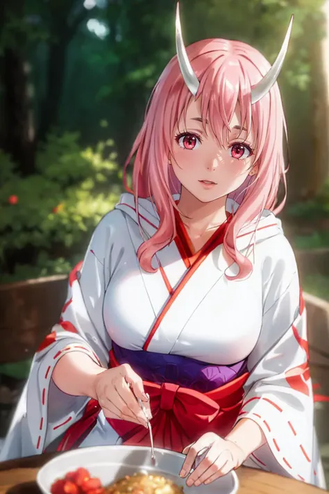photorealistic, (4k), depth of field, (Masterpiece), (realistic skin texture), extremely detailed, intricate, hyper detailed, professional photography, bokeh, high resolution, sharp detail, best quality, girl, <lora:Shuna:0.7> , red and white kimono, long hair, pink hair, pink eyes, (horns), relaxing, RAW photo, (high detailed skin:1.2), 8k uhd, dslr, soft lighting, high quality, film grain, Fujifilm XT3