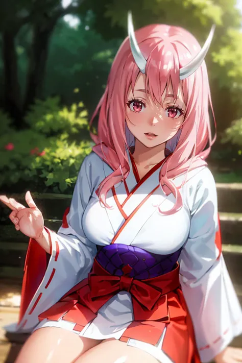 photorealistic, (4k), depth of field, (Masterpiece), (realistic skin texture), extremely detailed, intricate, hyper detailed, professional photography, bokeh, high resolution, sharp detail, best quality, girl, <lora:Shuna:0.7> , red and white kimono, long hair, pink hair, pink eyes, (horns), relaxing, RAW photo, (high detailed skin:1.2), 8k uhd, dslr, soft lighting, high quality, film grain, Fujifilm XT3