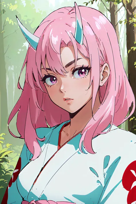 (masterpiece, best quality, ultra detailed, absurdres:1.5), 1girl, (sexy, beautiful woman, perfect face, perfect eyes, perfect female body, small breasts:1.5), (red and white kimono, long hair, pink hair, horns, <lora:Shuna:0.7>, <lora:NSFWFilter:-1>), (standing, outdoors, forest), perfect lighting, smooth, hdr