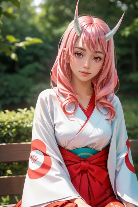 photorealistic, (4k), depth of field, (Masterpiece), (realistic skin texture), extremely detailed, intricate, hyper detailed, professional photography, bokeh, high resolution, sharp detail, best quality, girl, <lora:Shuna:0.7> , red and white kimono, long hair, pink hair, pink eyes, (horns), relaxing, RAW photo, (high detailed skin:1.2), 8k uhd, dslr, soft lighting, high quality, film grain, Fujifilm XT3