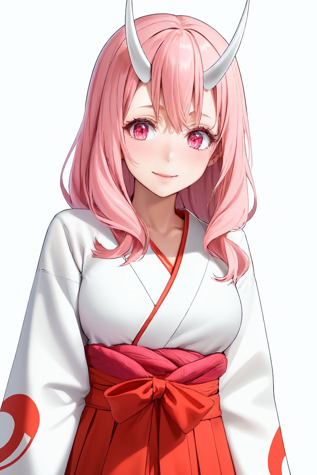 Anime girl with pink hair and horns in a white and red outfit - SeaArt AI