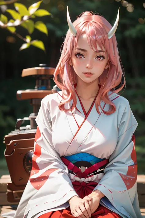 photorealistic, (4k), depth of field, (Masterpiece), (realistic skin texture), extremely detailed, intricate, hyper detailed, professional photography, bokeh, high resolution, sharp detail, best quality, girl, <lora:Shuna:0.7> , red and white kimono, long hair, pink hair, pink eyes, (horns), relaxing, RAW photo, (high detailed skin:1.2), 8k uhd, dslr, soft lighting, high quality, film grain, Fujifilm XT3