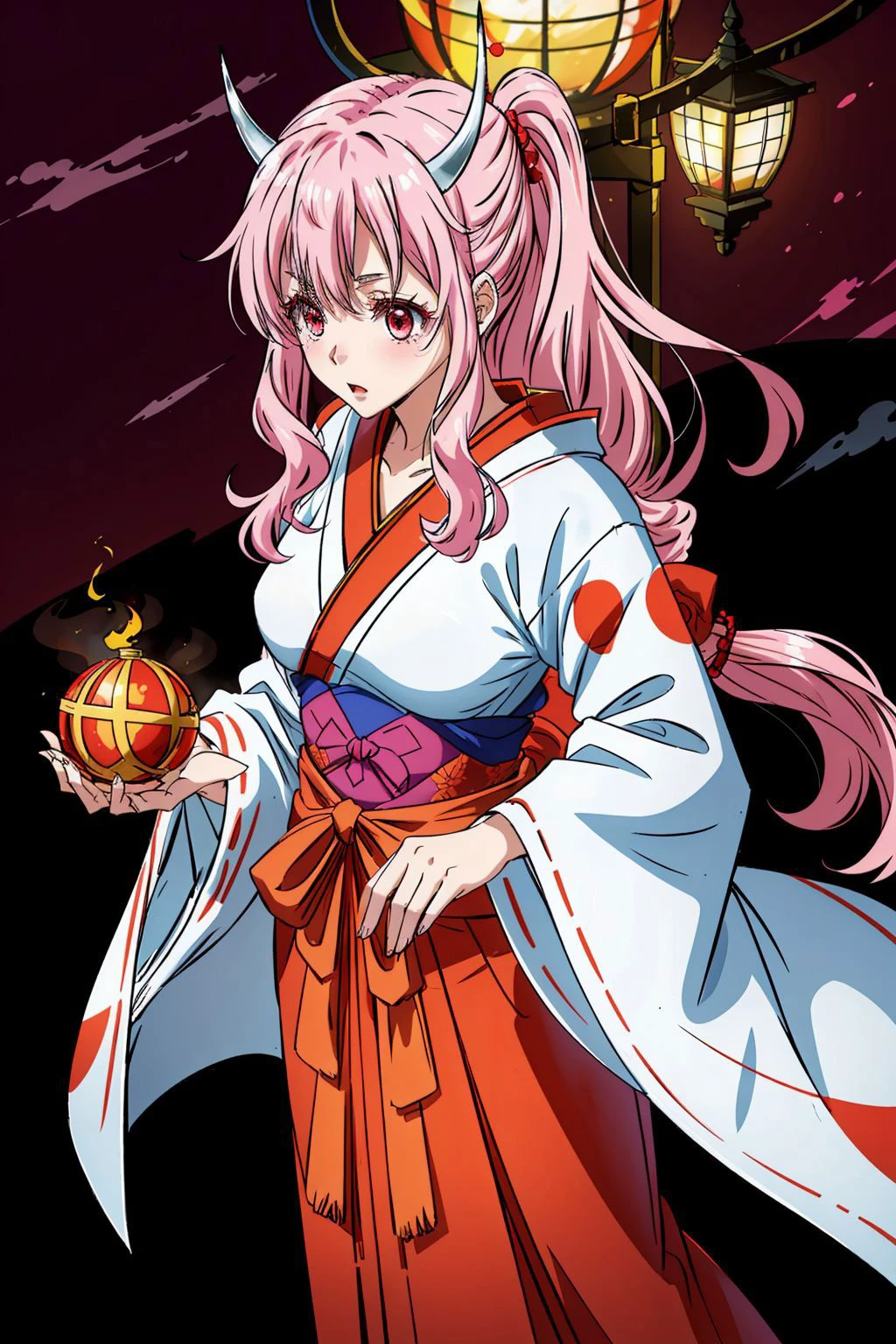 masterpiece, best quality, solo, 1girl, detailed eyes, detailed hands, detailed lighting, highres, temple gate, aura, casting magic, red skies,
<lora:add_detail:0.4>
<lora:CosmicEyes:0.2>, pink eyes,
<lora:EraseGroinSkirt:0.7>
<lora:Shuna:0.7> , shuna, red and white kimono, long hair, pink hair, pink eyes, horns, red hakama,