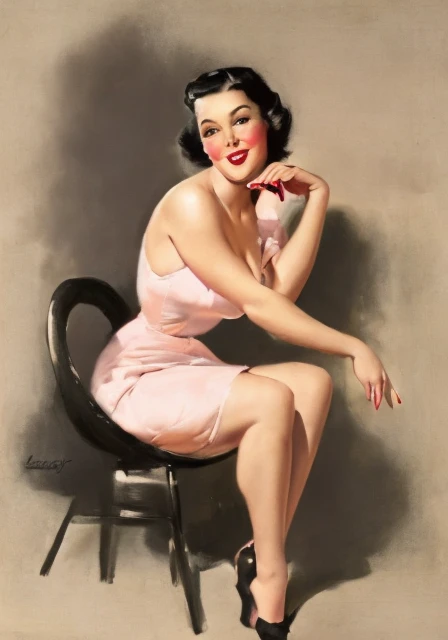 drawing of a sexy and sensual woman, pinup, pink dress, black hair, perfect eyes, sitting on the edge of a chair, looking at the camera <lora:pinup_v3.0-000003:1>