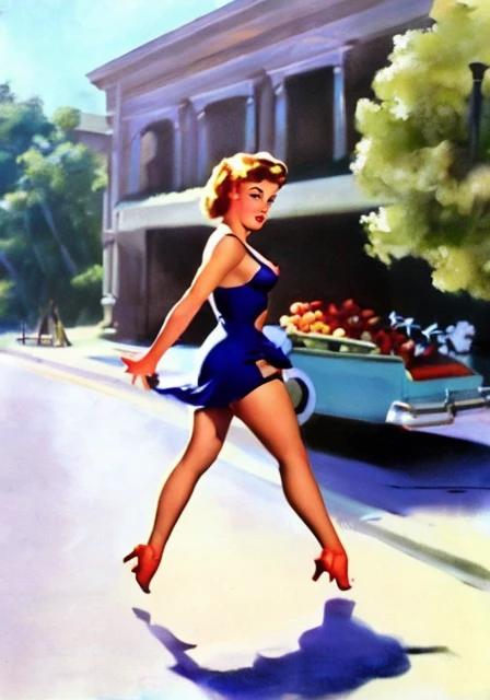 drawing of a sexy and sensual woman, pinup, walking on a street <lora:pinup_v3.0-000003:1>