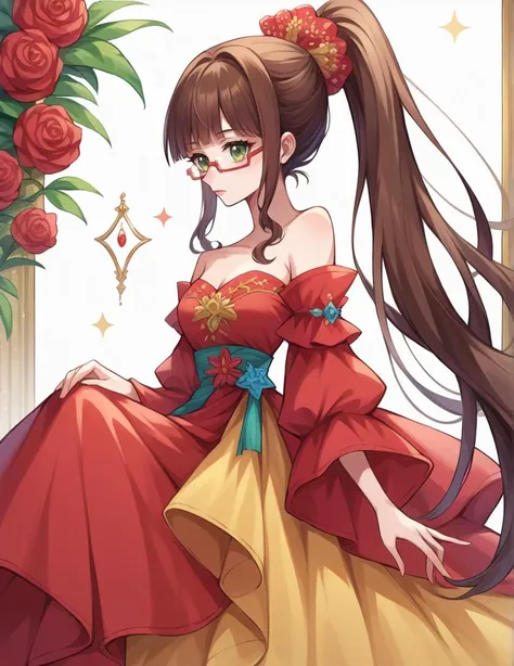 score_9, score_8_up, source_anime,<lora:wrenchelegadomepnyxlb2-000005:1.0>,wrenchelegadome, gown, golden embroidery, detached sleeves, off shoulder, <lora:ChamRuriMiyamotoPonyXL:1.0> RuriMiyamoto, brown hair, bangs, very long hair, ponytail, green eyes, glasses,