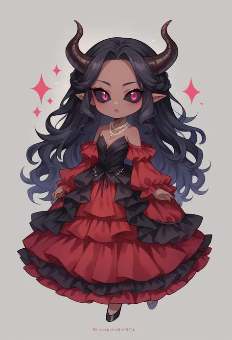 score_9, score_8_up, source_anime, female, <lora:wrenchelegadomepnyxlb2-000005:0.8>,wrenchelegadome,gown, layered clothing,necklace, solo, dark skin,horn,black sclera, demon, chibi, black hair,