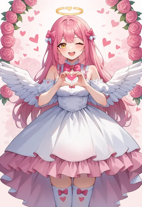 score_9, score_8_up, score_7_up, source_anime, 
<lora:wrenchlogown-000006:1>, wrenchlogown, 
1girl, blush, bow, bowtie, feathered wings, floral background, halo, heart arms, looking at viewer, low wings, one eye closed, open mouth, pink hair, pink halo, smile, solo, white dress, white wings, wing ornament, wings, yellow eyes, white thigh highs,