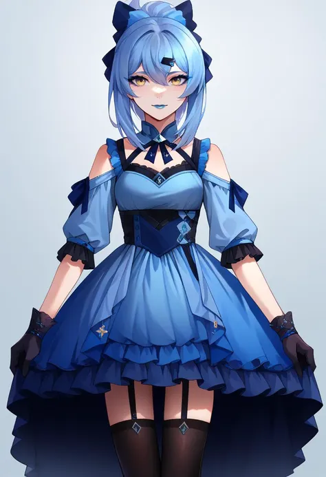 score_9, score_8_up, score_7_up, source_anime, 
<lora:wrenchlogown-000006:0.85>, wrenchlogown, female, light smile, blue dress, blue lipstick, black thigh highs, black gloves, blue eyeliner, hair ribbon, 
<lora:saki:1>, ocsaki, yellow eyes, blue eyes, gradient eyes,