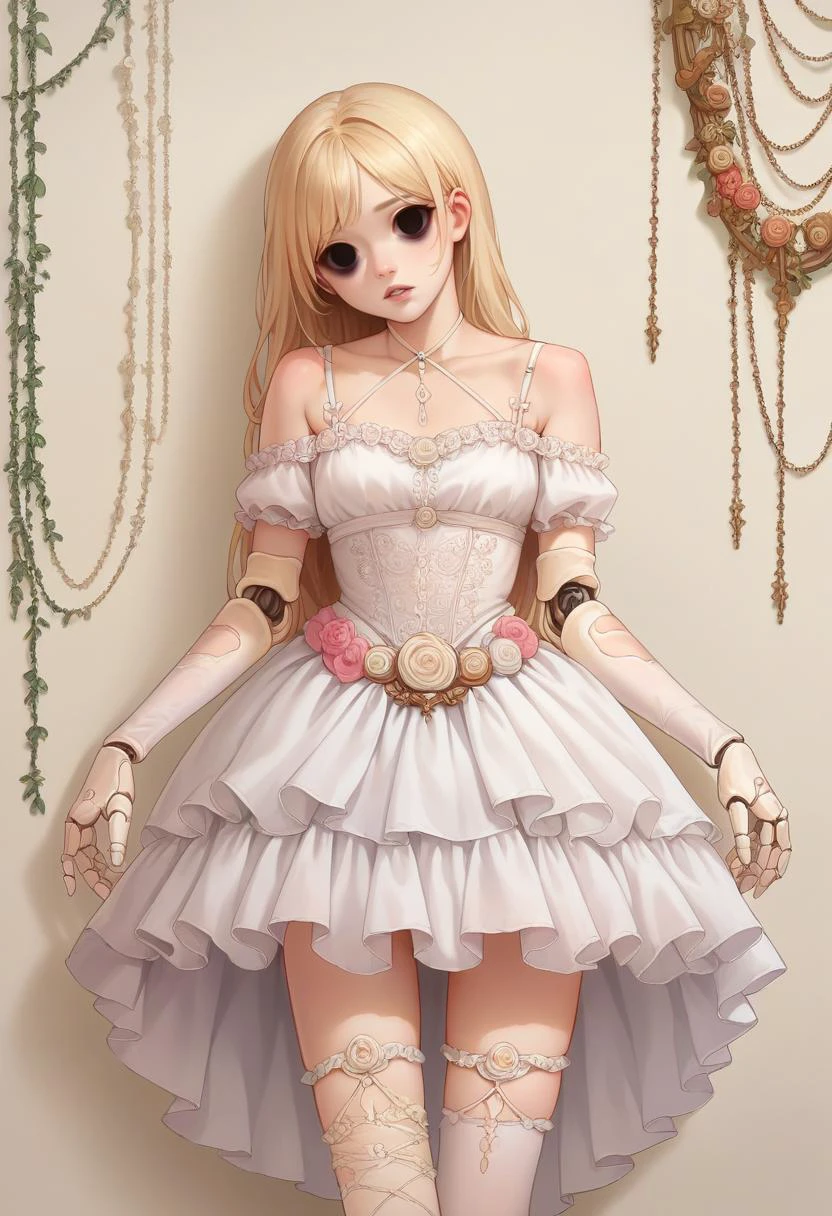 score_9, score_8_up, score_7_up, source_anime,
<lora:wrenchlogown-000006:1>, wrenchlogown, thigh highs, white dress, embroidery, frilly clothing, off shoulder, elbow gloves, female, doll joints, head tilt, empty eyes, parted lips, white lipstick,