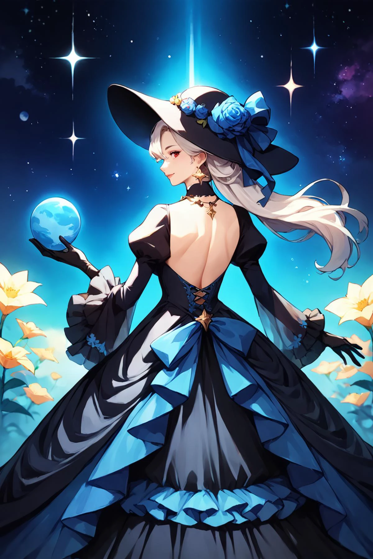 score_9, score_8_up, score_7_up, score_6_up, score_5_up, source anime, BREAK, smile, closed mouth, (cowboy shot), (dark skin), realistic background, space, stars, planets, cosmos, floating in space, looking at viewer, 1girl, very long hair, ((frilled gown)), corset, earring, lace, hair over one eye, red eyes, jewelry, gloves, necklace, gem, white hair, gold trim, see-through dress wide sleeves, large breasts, (giant girl), mechanical girl, <lora:wrenchrococodomepdxl:1> , wrenchrococodome, gown, layered clothing, hat, hat ribbon, hat flower, blue dress, black dress, floral print, puffy sleeves, <lora:hand 4:0.6> , Hand, perfect hands, (backless dress), (from behind), <lora:Anime Style 2 SDXL_LoRA_Pony Diffusion V6 XL:1>