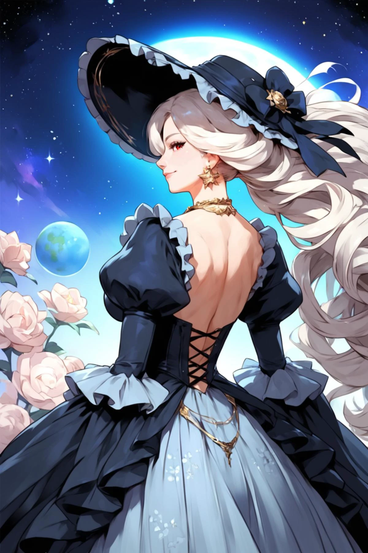 score_9, score_8_up, score_7_up, score_6_up, score_5_up, source anime, BREAK, smile, closed mouth, (cowboy shot), (dark skin), realistic background, space, stars, planets, cosmos, floating in space, looking at viewer, 1girl, very long hair, ((frilled gown)), corset, earring, lace, hair over one eye, red eyes, jewelry, gloves, necklace, gem, white hair, gold trim, see-through dress wide sleeves, large breasts, (giant girl), mechanical girl, <lora:wrenchrococodomepdxl:1> , wrenchrococodome, black gown, white gown, layered clothing, hat, hat ribbon, hat flower, blue dress, black dress, floral print, puffy sleeves, (backless dress), from behind, <lora:Mixed_ArtstyleV2:0.7>