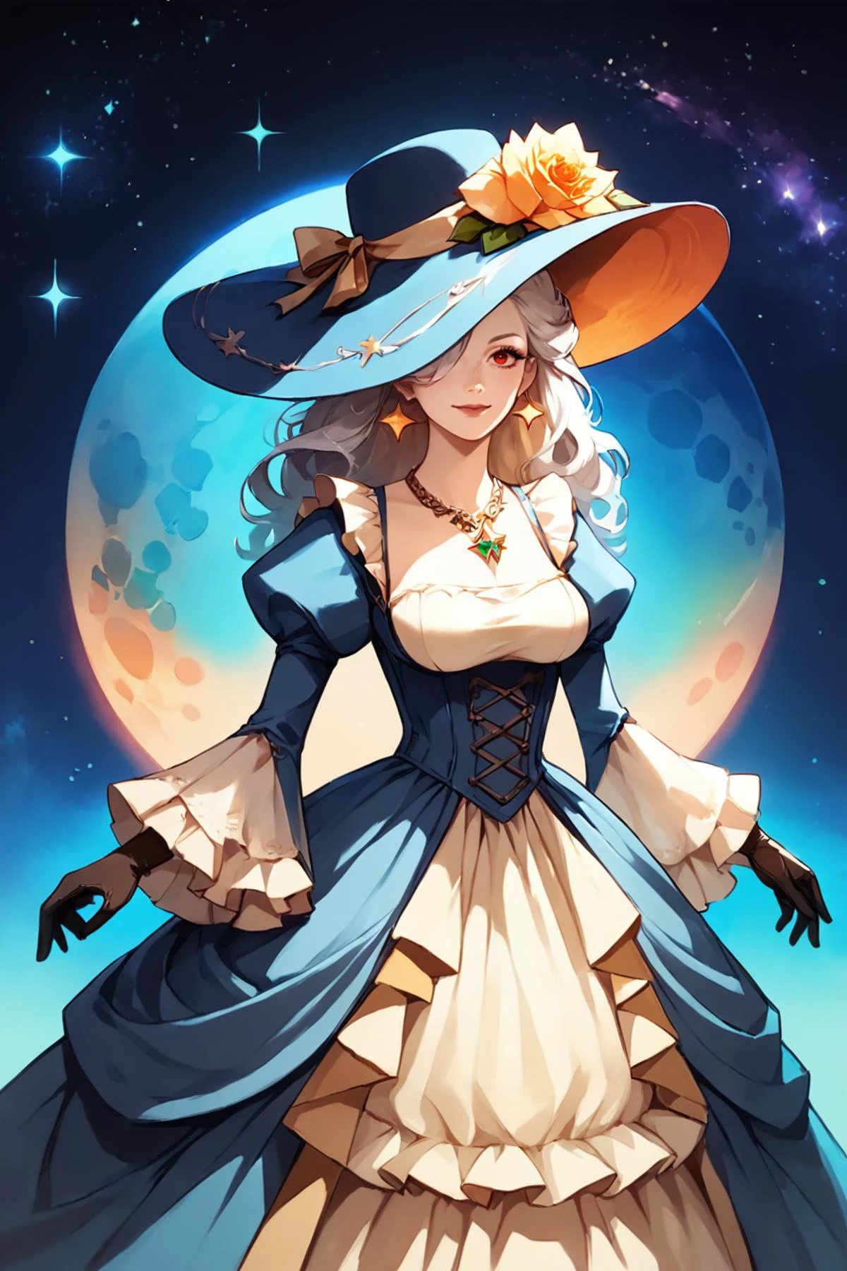 score_9, score_8_up, score_7_up, score_6_up, score_5_up, source anime, BREAK, smile, closed mouth, (cowboy shot), (dark skin), realistic background, space, stars, planets, cosmos, floating in space, looking at viewer, 1girl, very long hair, ((frilled gown)), corset, earring, lace, hair over one eye, red eyes, jewelry, gloves, necklace, gem, white hair, gold trim, see-through dress wide sleeves, large breasts, (giant girl), mechanical girl, <lora:wrenchrococodomepdxl:1> , wrenchrococodome, gown, layered clothing, hat, hat ribbon, hat flower, blue dress, white dress, floral print, puffy sleeves, <lora:hand 4:0.6> , Hand, perfect hands, (backless dress), <lora:Anime Style 2 SDXL_LoRA_Pony Diffusion V6 XL:1>