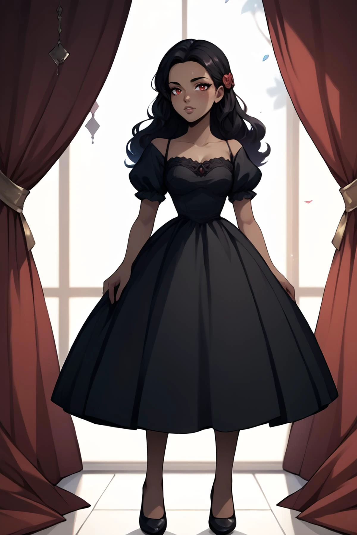 score_9, score_8_up, score_7_up, score_6_up, score_5_up, source anime, BREAK, (dark skin), <lora:WonderWomanKidsXLv2:0.9> , 1girl, wwkd, black hair, long hair, red eyes, <lora:wrenchelegadomepnyxlb2:0.8> , wrenchelegadome, (black dress), puffy sleeves, golden embroidery, <lora:VividPonyXL:0.8>