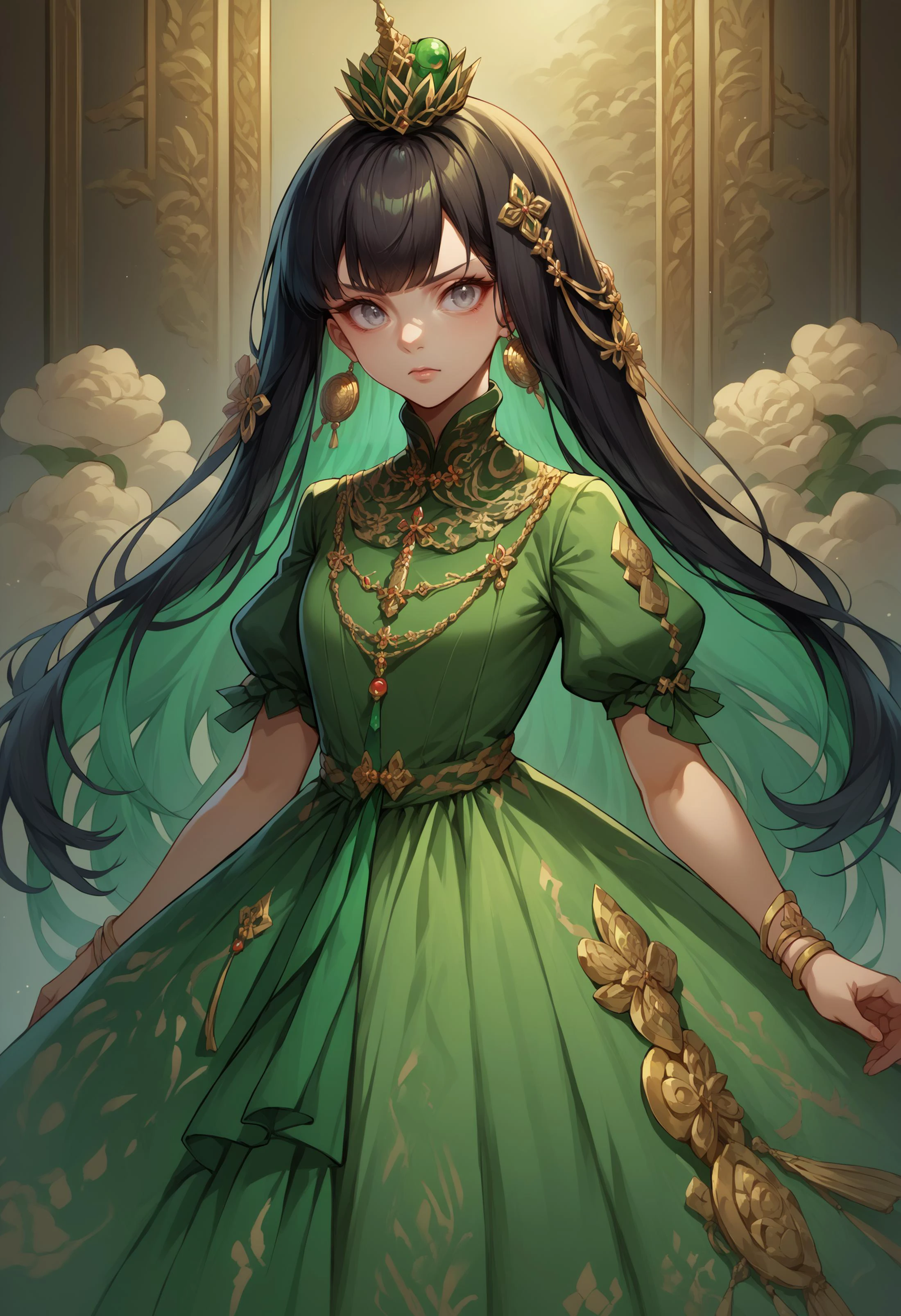 score_9, score_8_up, score_7_up, source_anime, <lora:wrenchqupgr:1>, wrnchqupgr,two-tone hair,black hair, <lora:wrenchrococodomepdxl:0.9> wrenchrococodome, gown, layered clothing,golden embroidery, puffy sleeves, green dress,grey eyes,