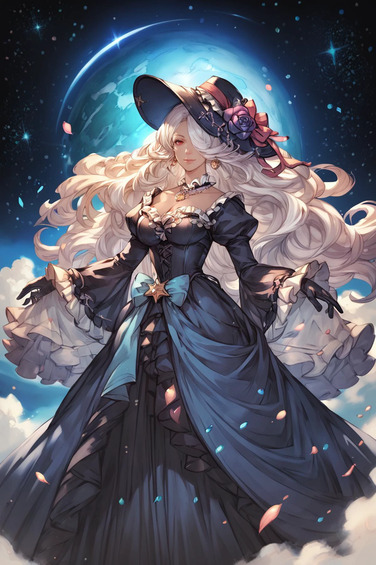 score_9, score_8_up, score_7_up, score_6_up, score_5_up, source anime, BREAK, smile, closed mouth, (cowboy shot), (dark skin), realistic background, space, stars, planets, cosmos, floating in space, looking at viewer, 1girl, very long hair, ((frilled gown)), corset, earring, lace, hair over one eye, red eyes, jewelry, gloves, necklace, gem, white hair, gold trim, see-through dress wide sleeves, large breasts, (giant girl), mechanical girl, <lora:wrenchrococodomepdxl:1> , wrenchrococodome, black gown, white gown, layered clothing, hat, hat ribbon, hat flower, blue dress, black dress, floral print, puffy sleeves, backless dress, from behind, action pose, <lora:Granblue_Fantasy_Style_XLv4:1>