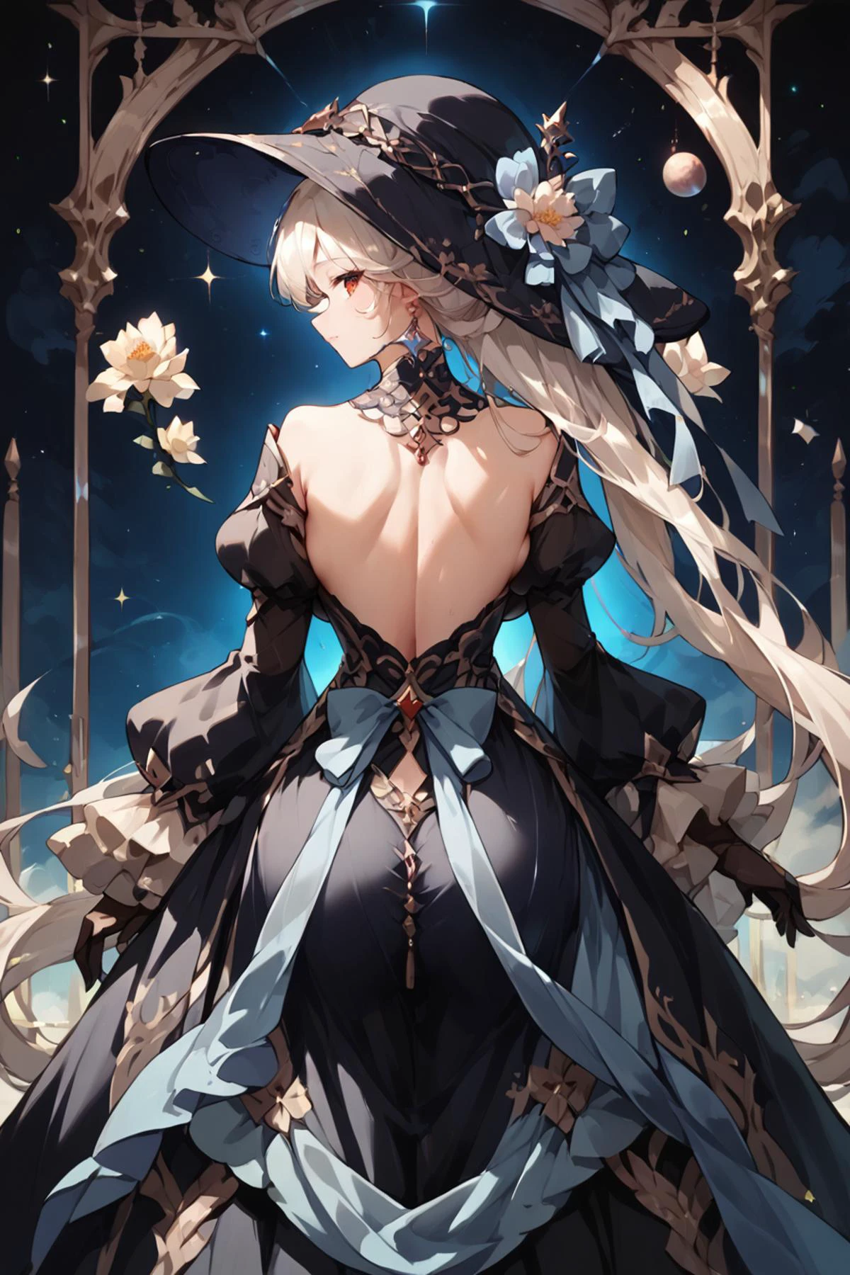 score_9, score_8_up, score_7_up, score_6_up, score_5_up, source anime, BREAK, smile, closed mouth, (cowboy shot), (dark skin), realistic background, space, stars, planets, cosmos, floating in space, looking at viewer, 1girl, very long hair, ((frilled gown)), corset, earring, lace, hair over one eye, red eyes, jewelry, gloves, necklace, gem, white hair, gold trim, see-through dress wide sleeves, large breasts, (giant girl), mechanical girl, <lora:wrenchrococodomepdxl:1> , wrenchrococodome, black gown, white gown, layered clothing, hat, hat ribbon, hat flower, blue dress, black dress, floral print, puffy sleeves, (backless dress), from behind, <lora:ncaaoo33_XL_16E_GT_V0.5:0.8> , ncaaoo33,
