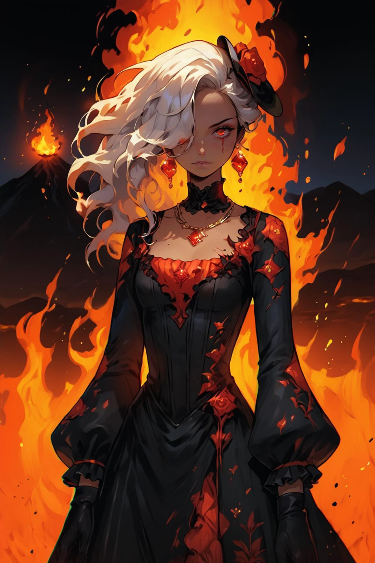 score_9, score_8_up, score_7_up, score_6_up, score_5_up, source anime, BREAK, (((fire elemental))), volcano, lava, (cowboy shot), ((dark skin)), realistic background, looking at viewer, 1girl, very long hair, ((frilled gown)), corset, earring, lace, hair over one eye, red eyes, jewelry, gloves, necklace, gem, white hair, gold trim, see-through dress wide sleeves, (giant girl), <lora:wrenchrococodomepdxl:0.8> , wrenchrococodome, red gown, black gown, layered clothing, hat, hat ribbon, hat flower, red dress, black dress, floral print, puffy sleeves, backless dress, bloody, <lora:hand 4:0.6> , Hand, hands, perfect hands, <lora:f3nn3rXLP:0.95> , f3nn3r, black, red, trippy, <lora:Fiery_Aura_for_Pony:1> , fiery aura,