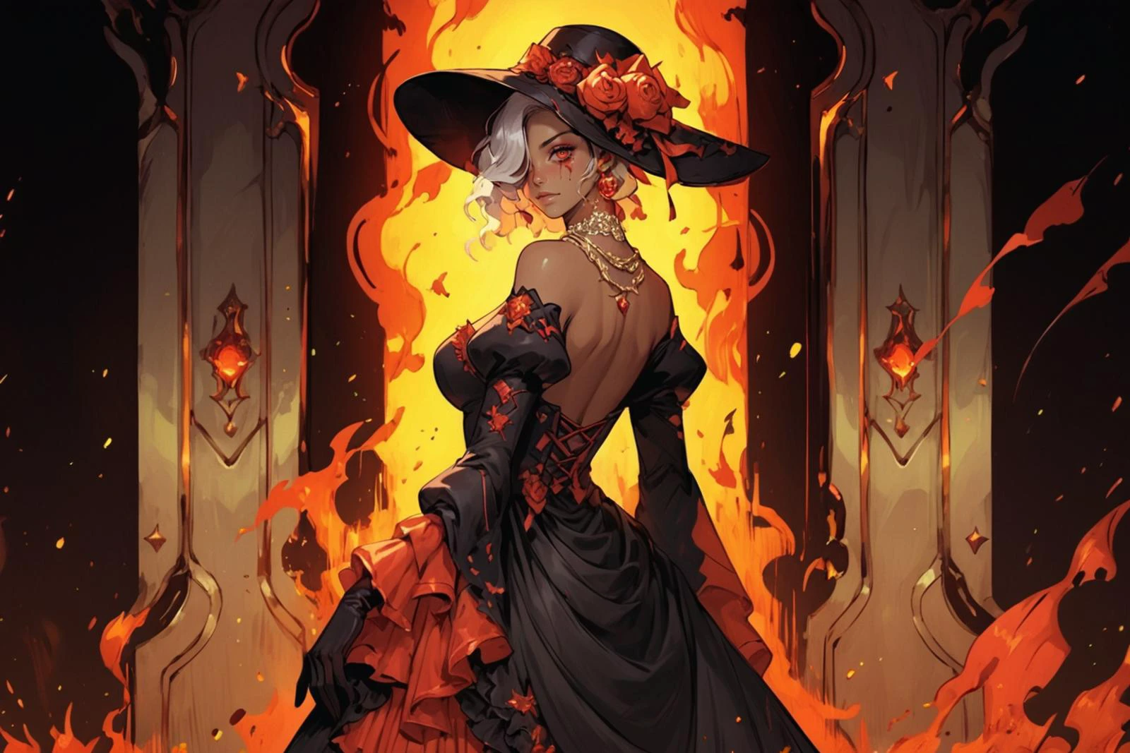 score_9, score_8_up, score_7_up, score_6_up, score_5_up, source anime, BREAK, (fire elemental), (cowboy shot), ((dark skin)), realistic background, looking at viewer, 1girl, very long hair, ((frilled gown)), corset, earring, lace, hair over one eye, red eyes, jewelry, gloves, necklace, gem, white hair, gold trim, see-through dress wide sleeves, large breasts, (giant girl), <lora:wrenchrococodomepdxl:0.8> , wrenchrococodome, red gown, black gown, layered clothing, hat, hat ribbon, hat flower, red dress, black dress, floral print, puffy sleeves, (((from behind))), backless dress, bloody, <lora:hand 4:0.6> , Hand, hands, perfect hands, <lora:f3nn3rXLP:0.95> , f3nn3r, black, red, trippy, <lora:Fiery_Aura_for_Pony:1> , fiery aura,