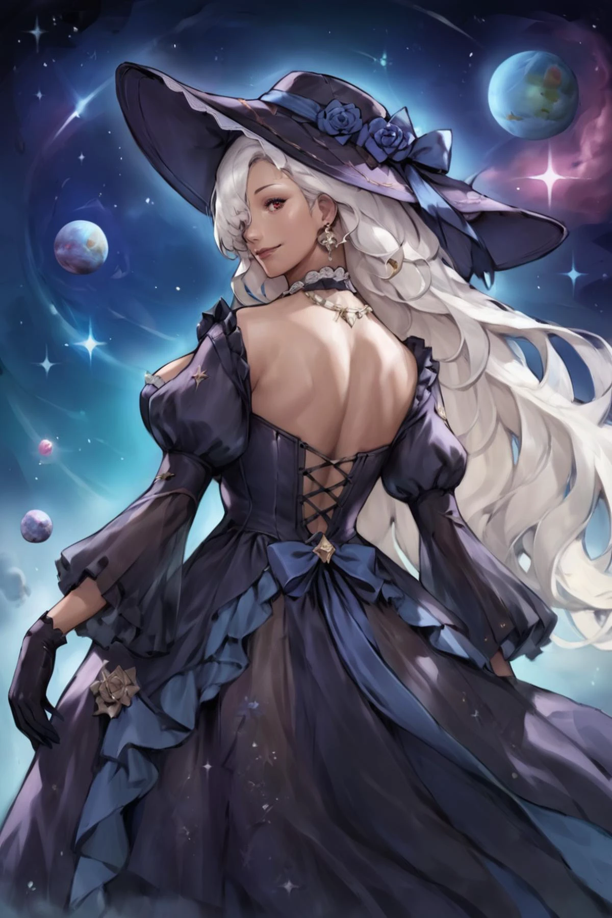 score_9, score_8_up, score_7_up, score_6_up, score_5_up, source anime, BREAK, smile, closed mouth, (cowboy shot), (dark skin), realistic background, space, stars, planets, cosmos, floating in space, looking at viewer, 1girl, very long hair, ((frilled gown)), corset, earring, lace, hair over one eye, red eyes, jewelry, gloves, necklace, gem, white hair, gold trim, see-through dress wide sleeves, large breasts, (giant girl), mechanical girl, <lora:wrenchrococodomepdxl:1> , wrenchrococodome, gown, layered clothing, hat, hat ribbon, hat flower, blue dress, black dress, floral print, puffy sleeves, <lora:hand 4:0.6> , Hand, perfect hands, (backless dress), (from behind), <lora:Boingoo_Style_Pony:1>