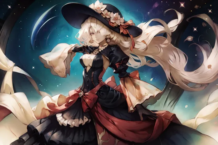 score_9, score_8_up, score_7_up, score_6_up, score_5_up, source anime, BREAK, smile, closed mouth, (cowboy shot), ((dark skin)), realistic background, space, stars, galaxies, cosmos, floating in space, looking at viewer, 1girl, very long hair, ((frilled gown)), corset, earring, lace, hair over one eye, red eyes, jewelry, gloves, necklace, gem, white hair, gold trim, see-through dress wide sleeves, large breasts, (giant girl), mechanical girl, <lora:wrenchrococodomepdxl:1> , wrenchrococodome, black gown, red gown, layered clothing, hat, hat ribbon, hat flower, red dress, black dress, floral print, puffy sleeves, backless dress, (from behind), action pose, <lora:hand 4:0.6> , Hand, hands, perfect hands, <lora:banpaiakiraXLP6lokrV4236:0.95>