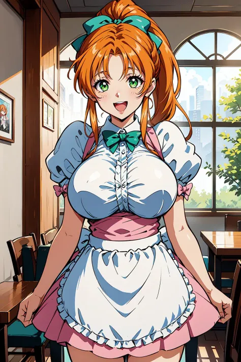 1girl, cowboy shot, (restrained:1.2), indoors, smile, open mouth, large breasts, looking at viewer, 
fukawa_miku, green eyes, orange hair, long hair, ponytail, green bow, short sleeves, apron, waitress, pink skirt, <lora:fukawamiku_lora_ver2:0.7>,, best quality, masterpiece, highres, <lora:GoodHands-vanilla:1>