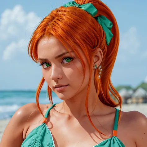 masterpiece, Best quality, (epiCRealLIfe), (photorealistic1.4) (young woman), (hazelmoore dog tail), (hazelmoore in full white swimsuit), (European Model), (wink), (tongue out), (pikkyroxanne hairstyle), (Char_shlow-Roxanne tail), (pikkyroxanne white swimsuit), looking at viewer, orange hair, blonde hair, hair between eyes, bangs, brown eyes, breasts, animal ears, collar, , , (roxanne tail), (roxanne dog tail), dog ears, cleavage, floppy ears, black collar, dog girl, (on the beach), (daylight), (daytime), (natural lights), (white one piece swimsuit), (look at viewer), (from front),(haremroxanne-nvwls-v1-000009 dog tail),, (face front), (pikkyroxanne orange long dog tail)