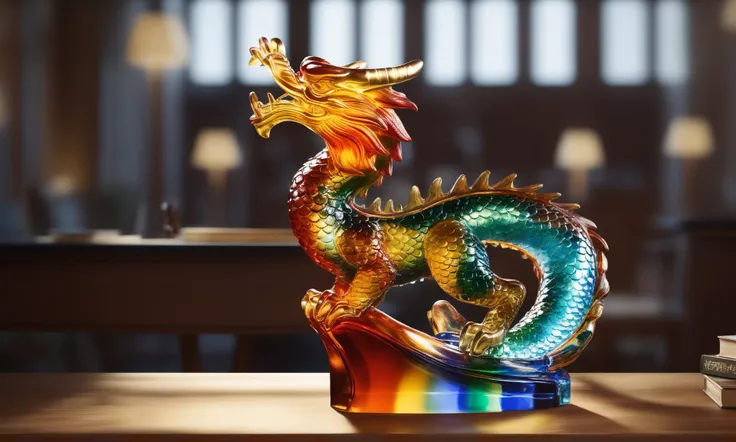 <lora:colouredglazecd_xl-000006:0.6>, a statue of a chinese dragon made of glass in office scene, full body, colorful theme, (transparent:1.3, see-through:1.3), colouredglazecd_xl, indoors, chinese zodiac, wooden table, cutie, cute, still life, animal statue, front view, facing viewer, looking at viewer, (Unbelievable Digital Artwork:1.3), fine art, CGSociety, ArtStation, master works, 8K,HDR,UHD,masterpiece,best quality,highly detailed,emotional,harmonious,high budget,moody,epic,gorgeous,high resolution,perfect lighting,finely detail,extremely detailed,ultra detailed,realistic,photorealistic,huge filesize,photographic,real,wallpaper,moody lighting,volumetric lighting,reality ray tracing