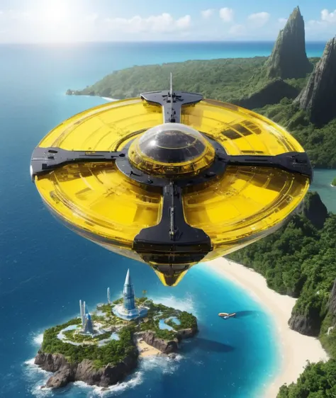 <lora:colouredglazecd_xl-000006:0.6>, colorful theme, (see-through :1.3, transparent:1.3), colouredglazecd_xl, black & yellow, industrial, heavy duty, modular, huge square spaceship landing on top of (paradise island:1.3),sunny day, space opera,