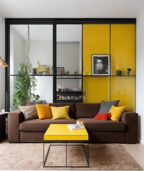 <lora:colouredglazecd_xl-000006:0.6>, colorful theme, (see-through :1.3, transparent:1.3), colouredglazecd_xl, black & yellow, industrial, heavy duty, modular, girlish living room, small room, Two-person sofa, plan of a house, brown sofa, white wall,
