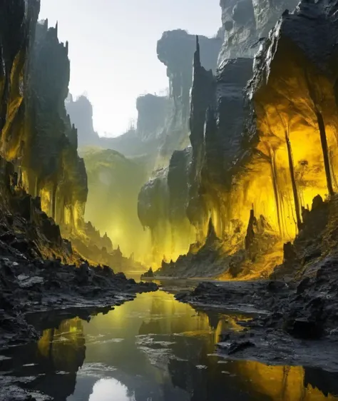<lora:colouredglazecd_xl-000006:0.6>, colorful theme, (see-through :1.3, transparent:1.3), colouredglazecd_xl, black & yellow, industrial, heavy duty, modular, swamp valley surrounded by high rocky cliffs, dawn,