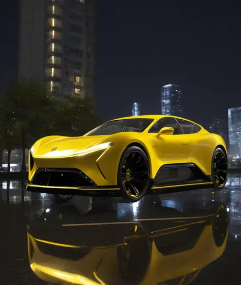 <lora:colouredglazecd_xl-000006:0.6>, colorful theme, (see-through :1.3, transparent:1.3), colouredglazecd_xl, black & yellow, industrial, heavy duty, modular, white and brass science fiction hovering industrial luxury car by a downtown hotel, science fiction, night time, volumetric light, dutch angle, cinematic angle