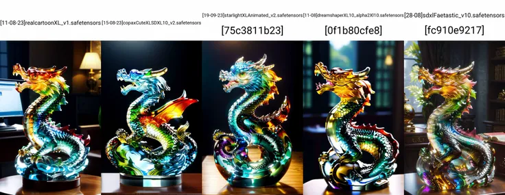 a statue of a dragon made of glass in office scene,full body,colorful theme,(transparent:1.3, see-through:1.3),colouredglazecd_xl,indoors,chinese zodiac,wooden table,cutie,cute,still life,animal statue,front view,facing viewer,looking at viewer,(Unbelievable Digital Artwork:1.3),fine art,CGSociety,ArtStation,master works,8K,HDR,UHD,masterpiece,best quality,highly detailed,emotional,harmonious,high budget,moody,epic,gorgeous,high resolution,perfect lighting,finely detail,extremely detailed,ultra detailed,realistic,photorealistic,huge filesize,photographic,real,wallpaper,moody lighting,volumetric lighting,reality ray tracing,<lora:sdxl_photorealistic_slider_v1:0.5>,<lora:xl_more_art-full_v1:0.5>,<lora:colouredglazecd_xl-000006:0.8>,colouredglazecd_xl,