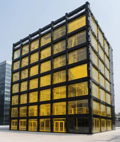 <lora:colouredglazecd_xl-000006:0.6>, colorful theme, (see-through :1.3, transparent:1.3), colouredglazecd_xl, black & yellow, industrial, heavy duty, modular, Office Buildings, Conglomerate stone, science fiction, building, architecture