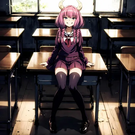 <lora:TheGuillotineAura007:0.7>,<lora:add_detail:0.7>,solo,grin,
TheGuillotineAura,1girl,
multiple braids,demon horns,
school_uniform,
full body,school,classroom,