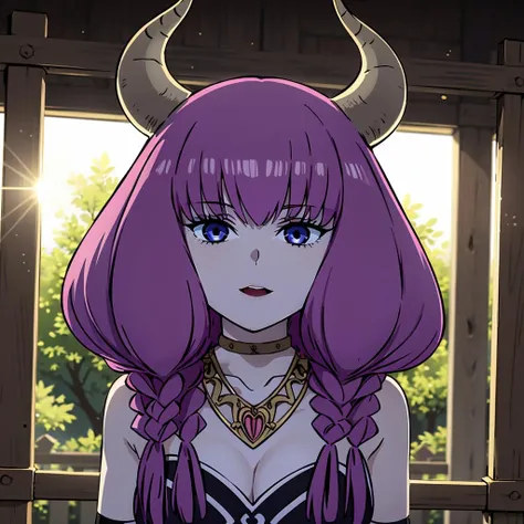 <lora:TheGuillotineAura004:0.7>,
TheGuillotineAura,1girl,
bare shoulders,cleavage,
choker,necklace,
dress,navel cutout,navel,
elbow gloves,
red long skirt,white skirt,
nature,sunlight,devil's horn,