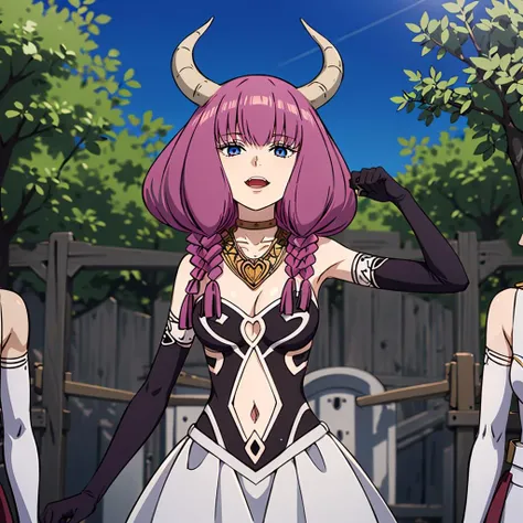 <lora:TheGuillotineAura004:0.7>,
TheGuillotineAura,1girl,6 braids,devil's horn,
bare shoulders,cleavage,
choker,necklace,
dress,navel cutout,navel,
elbow gloves,
red long skirt,white skirt,
nature,sunlight,